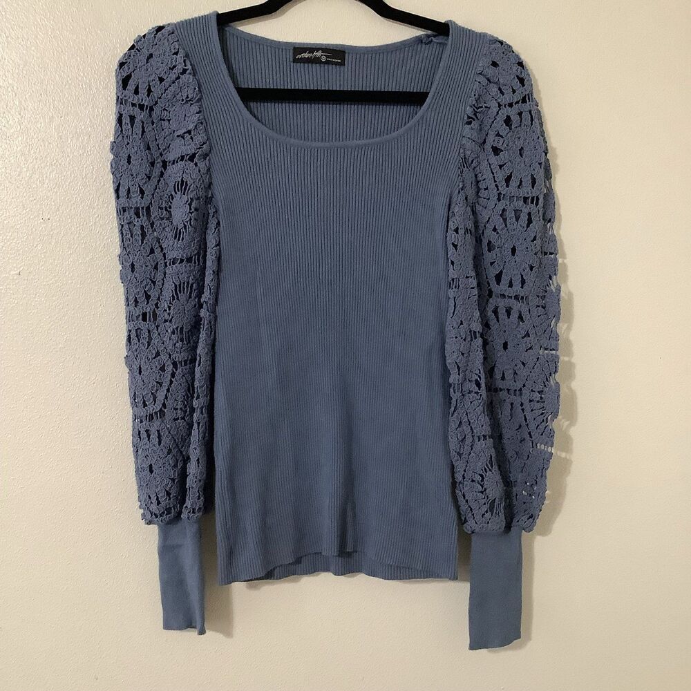 On Twelfth‎ Blue Crochet Ribbed Casual Going Out Autumn Fall Long Sleeve Top M